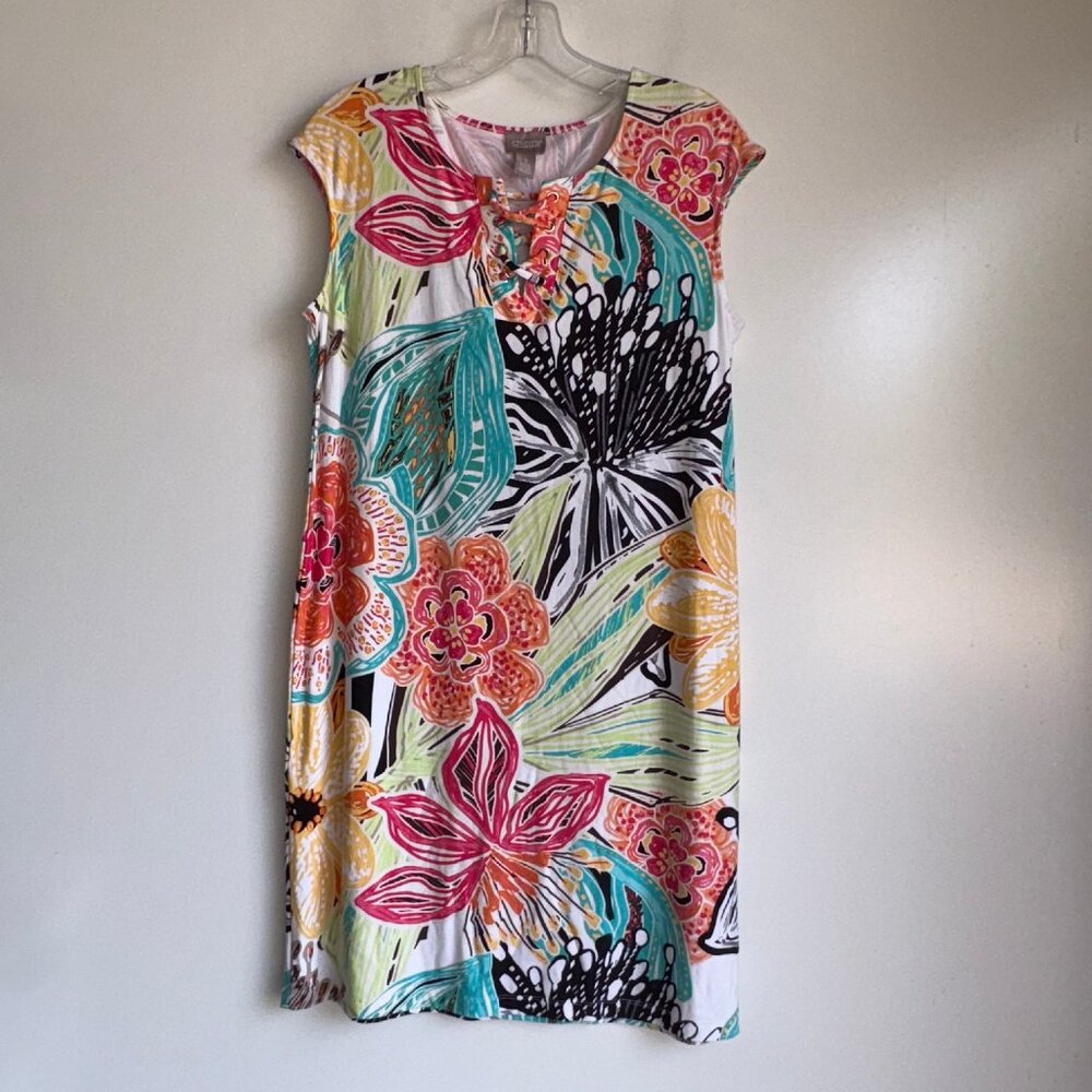 CHICO'S Tropical Floral Print Lace Neckline Shift Dress Size 1 =US Size 8